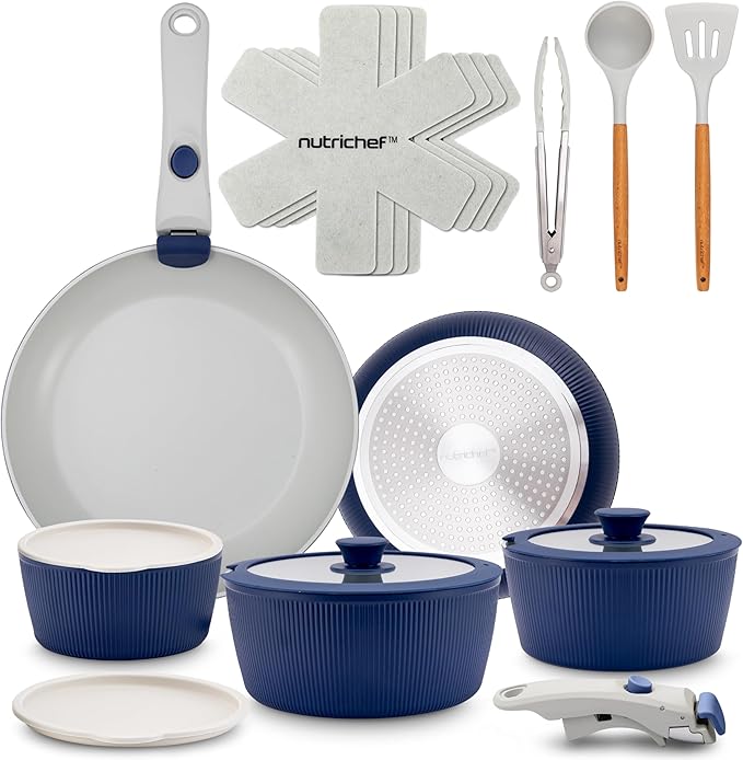NutriChef 18-Piece Ceramic Cookware Set with Detachable Handles, Space-Saving Nonstick Pots, Pans & Lids, Oven-Safe Bowls, Stackable Storage, Includes Cooking Utensils & Accessories (Blue)