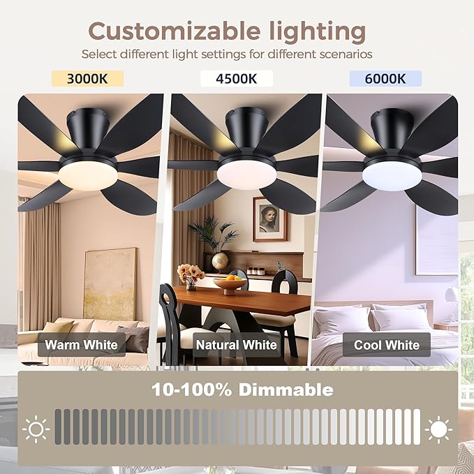 GJeg Ceiling Fans with Lights,42" Low Profile Ceiling Fan with Light and Remote Control,Flush Mount, Reversible, Dimmable, Noiseless, Black Ceiling Fan for Bedroom