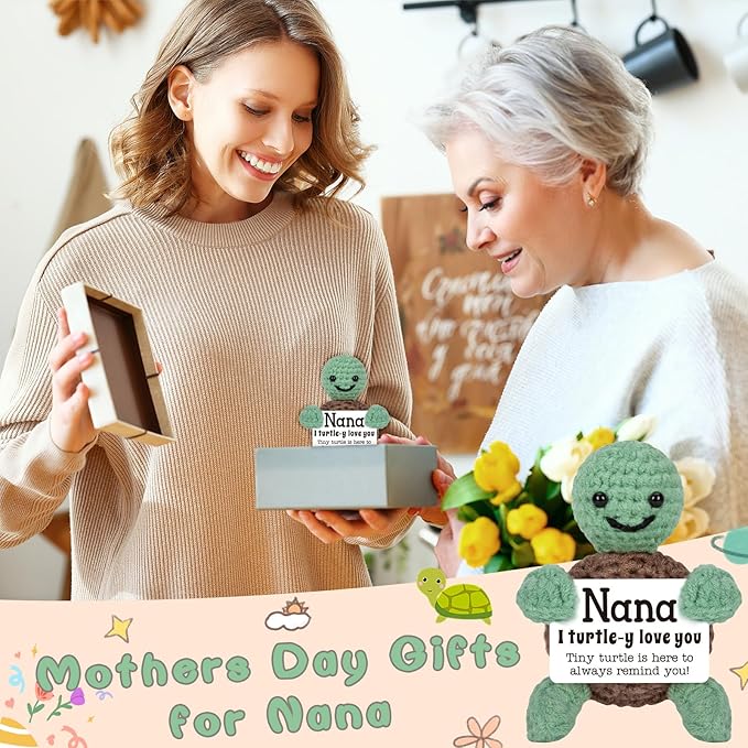 4THFARMES Mini Funny Turtle Mothers Day Nana Gifts from Grandkids, Birthday Gifts for Nana from Granddaughter Grandson, I Love You Small Cute Stuff Things, Handmade Emotional Positive Crochet Turtle