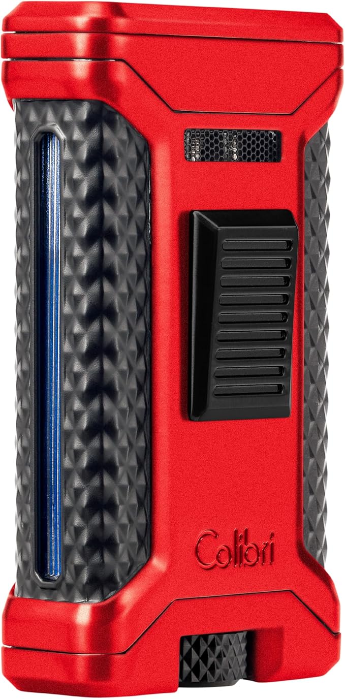 Colibri Ascari Triple Jet Torch Lighter, Windproof & Uses Butane Refill, Cigar Enthusiast's Choice with Integrated Punch, Blue Fuel Window, and Adjustable Flame (Metallic Red + Black)