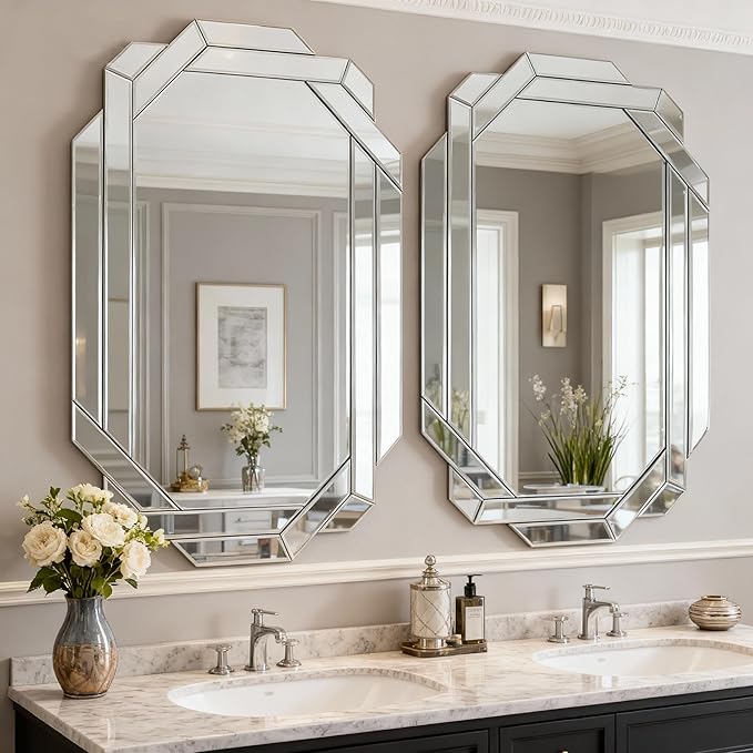 SSLine 2-Piece Set Mirrored Console Table with Wall Mirror, 55" Modern Mirror Entryway Table with Trapezoid-Shape Base, 35.8"x23.8" HD Mirror for Entryway Hallway