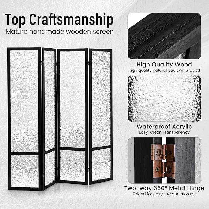 Acrylic Room Divider 4 Panel 67" Tall Room Divider and Privacy Screen with Solid Paulownia Wood Frame, Freestanding Partition Divider for Room Separation, Home, Bedroom, Office - Black