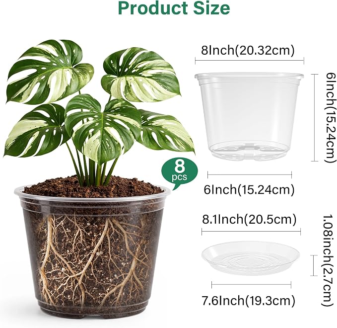 Bluepro Clear Nursery Pots with Saucers, 8 Inch, 8-Pack | Clear PET, Drainage Holes, Root and Moisture Visibility, Flexible, Reusable, Indoor/Outdoor Use, Propagation and Repotting