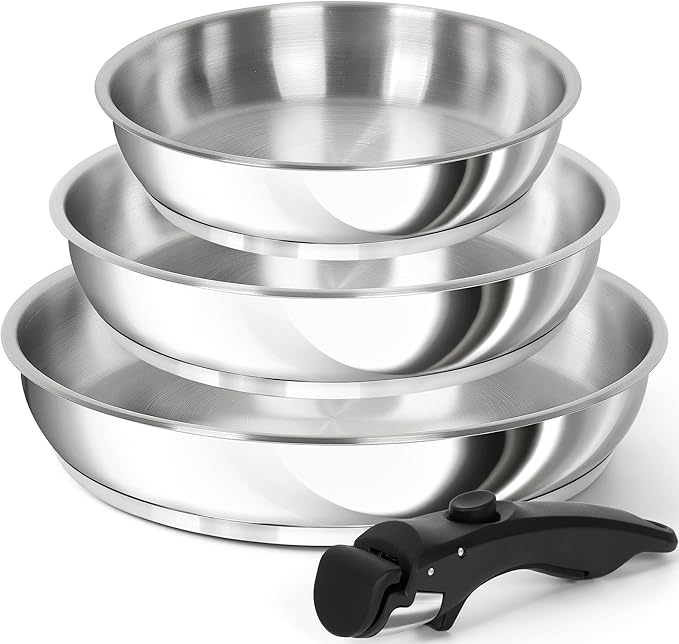 MICHELANGELO Stainless Steel Frying Pan Set, Cooking Pans with Removable Handle, Triply Base Stainless Steel Pan Set, Induction Compatible Skillet- 8" & 9.5" & 11"