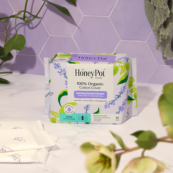 The Honey Pot Company - Calming - Super - Pads for Women | 100% Organic Cotton Cover - Calming Herbs of Lavender, Ashwagandha, & Lemon Balm - Pads w/Wings - Feminine Care - 16ct