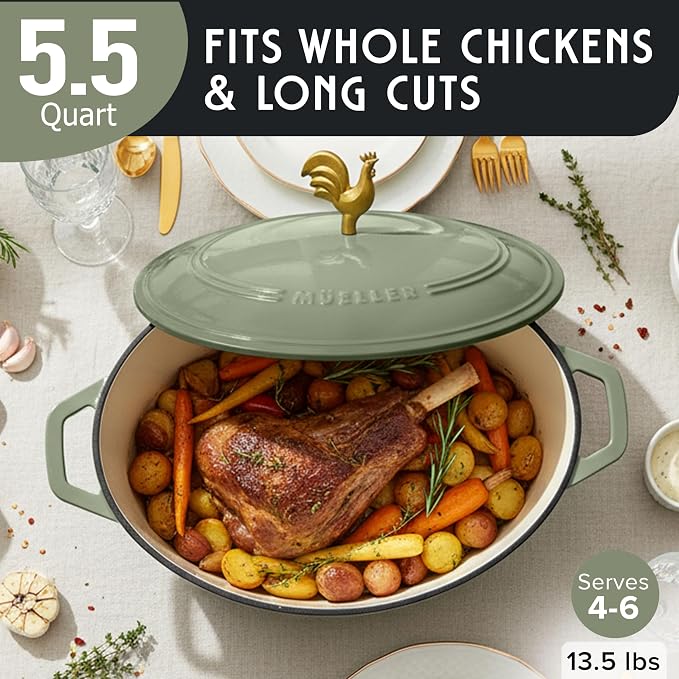 MUELLER HOME 5.5 Quart Enameled Cast Iron Oval Dutch Oven w Rooster Knob & Cotton Potholders, Heavy-Duty Cookware, Oven-Safe up to 500° F & Across All Cooktops, Gifts for Grandma & Women, Thyme Green | w Rooster Knob & Cotton Potholders, Heavy-Duty Coo...