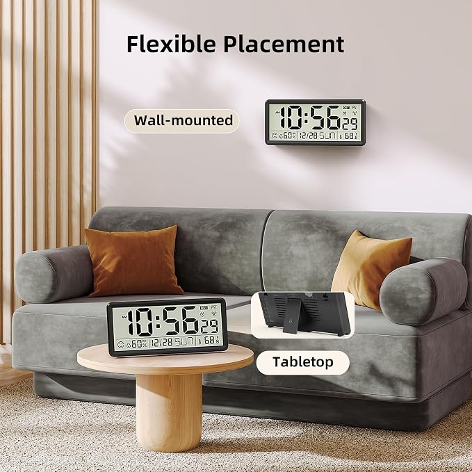 EASYERA 15'' Large Digital Atomic Wall Clock Battery Operated, Self-Setting | Indoor Temperature and Humidity, Large Display, Self-Setting,Auto DST,for Kitchen/Classroom/Living Room(Battery Not Included)