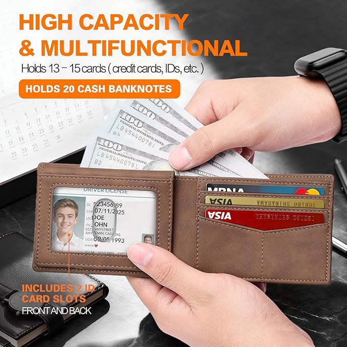 Wallet for Men Slim RFID Blocking Bifold Carbon Fiber,Minimalist Small Compact Front Pocket Credit Card Holder,Thin Mens Leather Wallets Smart Security With 2 ID windows 1 Cash (Dark Brown)