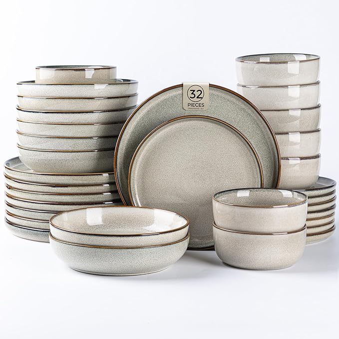 GBHOME 32 Pieces Double Bowls Ceramic Dinnerware Sets for 8, Stoneware Plates and Bowls Set with Reactive Glaze, Scratch Resistant Stoneware Dishes Set, Dishwasher & Microwave Safe