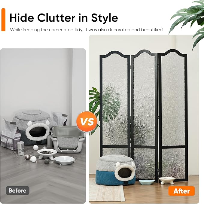 JOSTYLE Acrylic Room Divider, Folding Privacy Screen for Office & Loft, 3-Panel Modern Room Partition, Frosted Glass Like, Black Wood Frame, 67" H x 47.2" W