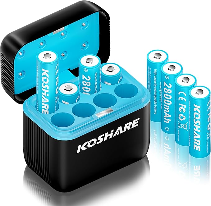 Rechargeable Batteries Ni-MH AA with Charger,8 Pack 1.2V 2800mAh AA Ni-MH Battery,High Capacity Double A Battery, Rechargeable up to 800 Times, Pre-Charged (Black+Blue, 8AA+8Slot Charger)
