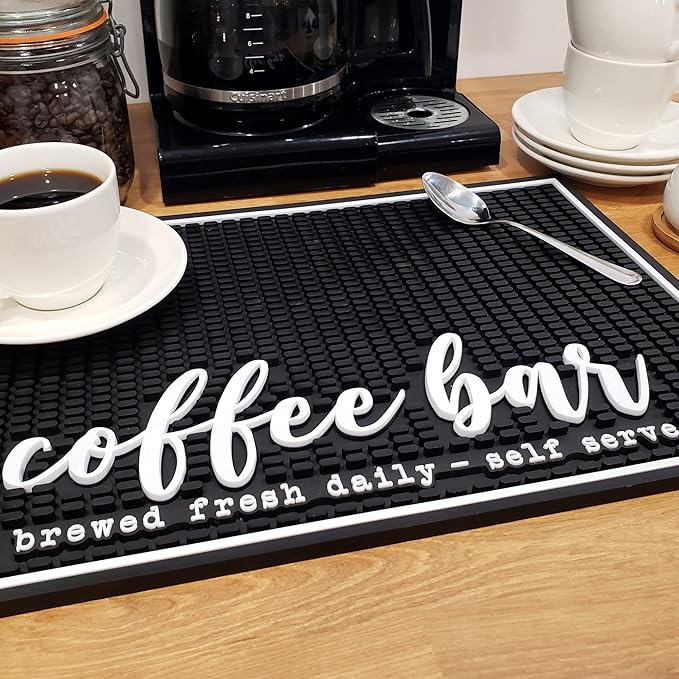 New Mungo Coffee Bar Mat – “Coffee Bar - Brewed Fresh Daily - Self Serve” – Spill-Proof PVC Coffee Station Mat, Non-Slip Countertop Protector 18"x12"