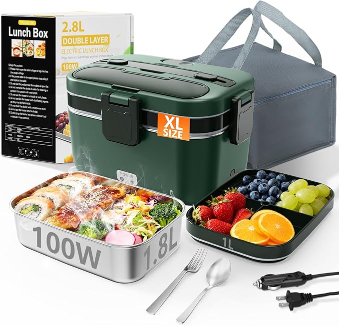 Electric Lunch Box for Adults, 2.8L Double Layer 100W Fast Heated Lunch Box, Heating Food Heater Warmer for Home Office Car Truck Use, Extra Large Lonchera Electrica Portátil 12/24V/110-230V, Green