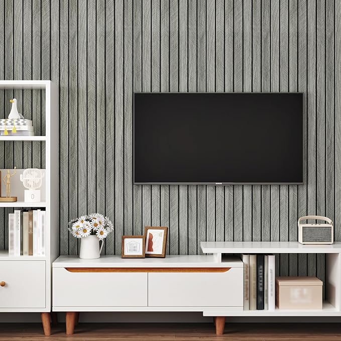 Grey Wood Grain Slat Panels for Interior Wall Decor 197"x23.6" Peel and Stick 3D Textured Fluted Wood Panels Self Adhesive Acoustic Wooden Paneling Wallpaper for Bedroom Living Room Studio