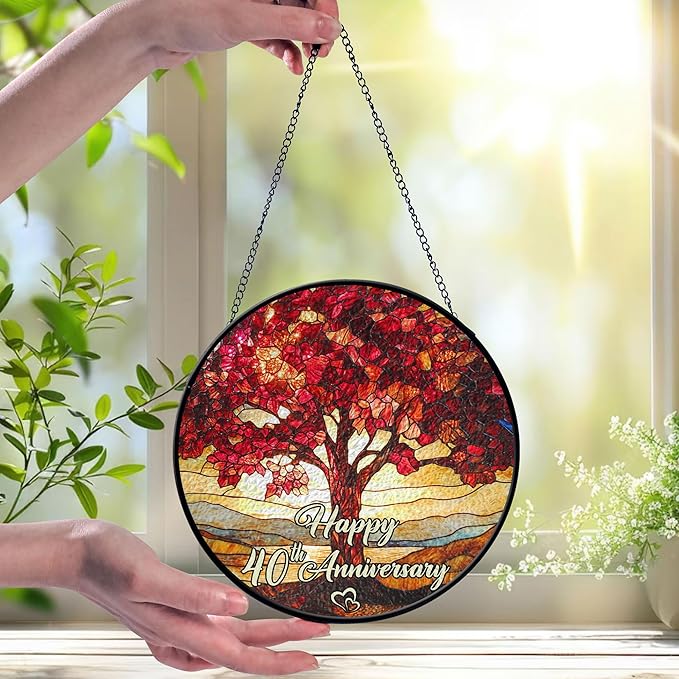 40th Wedding Anniversary Faux Stained Glass Suncatcher, 40 Years Marriage Keepsake Suncatcher, Ruby Wedding for Parents