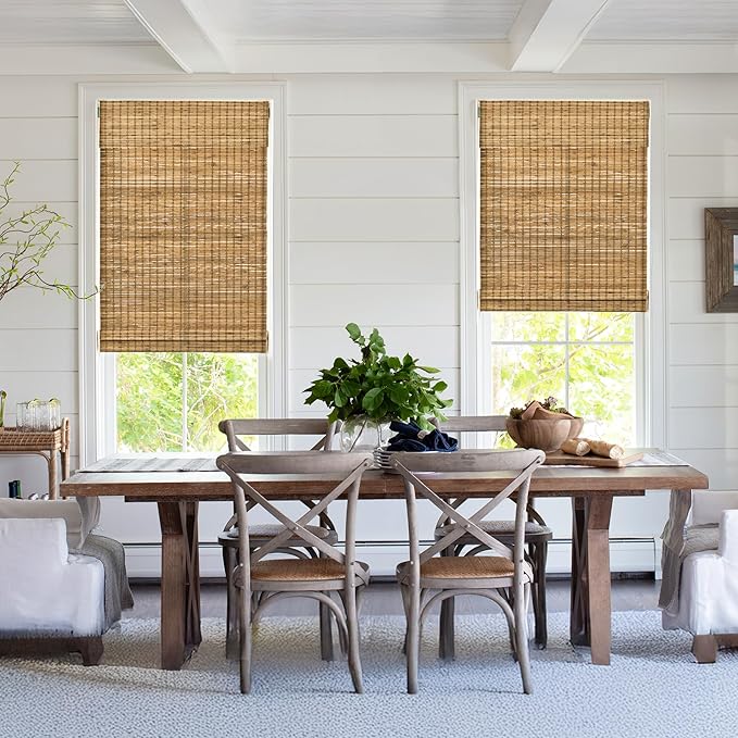 LazBlinds No Tools No Drill Cordless Bamboo Roman Shades, Light Filtering Window Treatment, Roll Up Bamboo Blinds for Windows 23'' W x 48'' H, Eastfield Teak