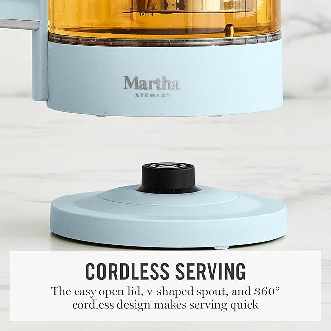 Martha Stewart Electric Kettle with Removable Stainless Steel Tea Infuser,  Glass Carafe 1.7L (7 Cups), Hot Water Boiler, 4 Presets, Keep Warm & Auto Shut-Off, Cordless 360° Swivel Base, Sky Blue