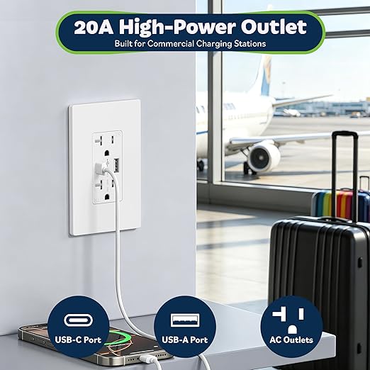 TOPGREENER USB Outlet, Type C & Type A USB Wall Outlet, 20 Amp Tamper-Resistant Receptacle, Charging Power Outlet with USB Ports, Wall Plate Included, UL Listed, TU22036AC-W-6PCS, White, 6 Pack