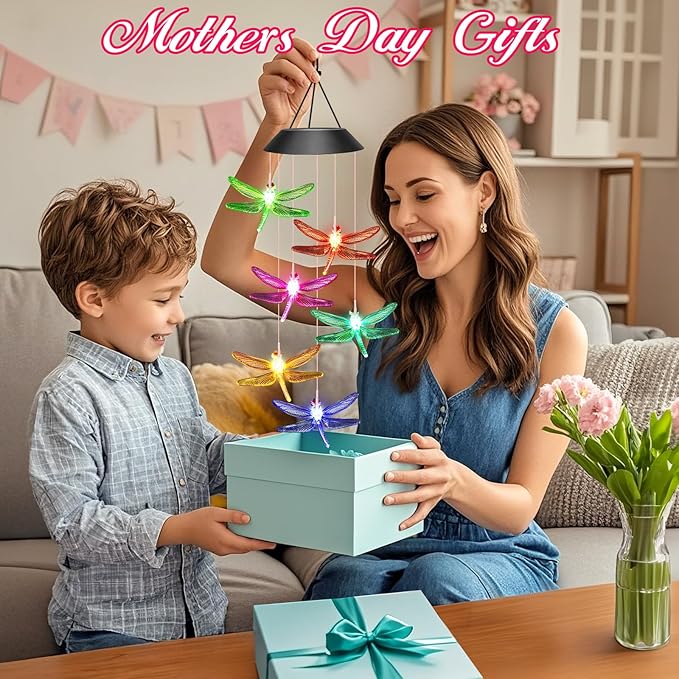 Birthday Gifts for Mom Grandma Wife, Winzwon Solar Lights Outdoor Wind Chimes for Outside Garden Yard Patio Porch Deck Hanging Decor Dragonfly Gifts for Women Her Easter Mothers Day