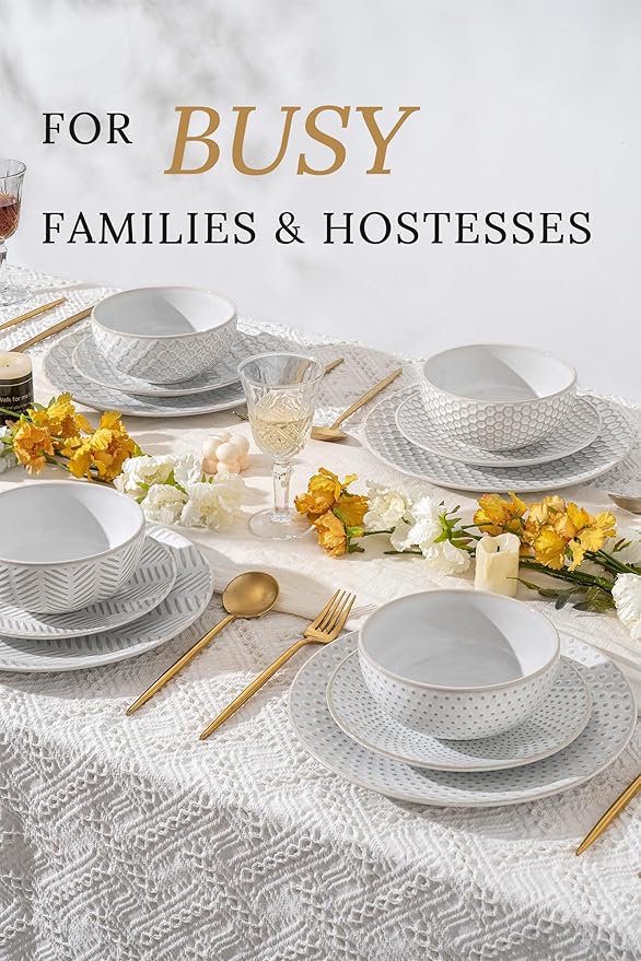 FOBENTA 12 Piece Embossed Dinnerware Sets for 4, Elegant Plates and Bowls Sets, Microwave & Dishwasher Safe, Stoneware for Stylish Home Dining–Perfect Housewarming Gift for Busy Families & Hostesses