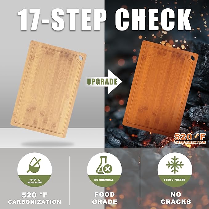 3-Piece Organic Bamboo Cutting Board Set for Kitchen - Carbonized Extra Sturdy Chopping Boards with Juice Grooves - Knife-Friendly Multi-Size (15", 12", 9") for Meat & Veggies - Housewarming Gift Box