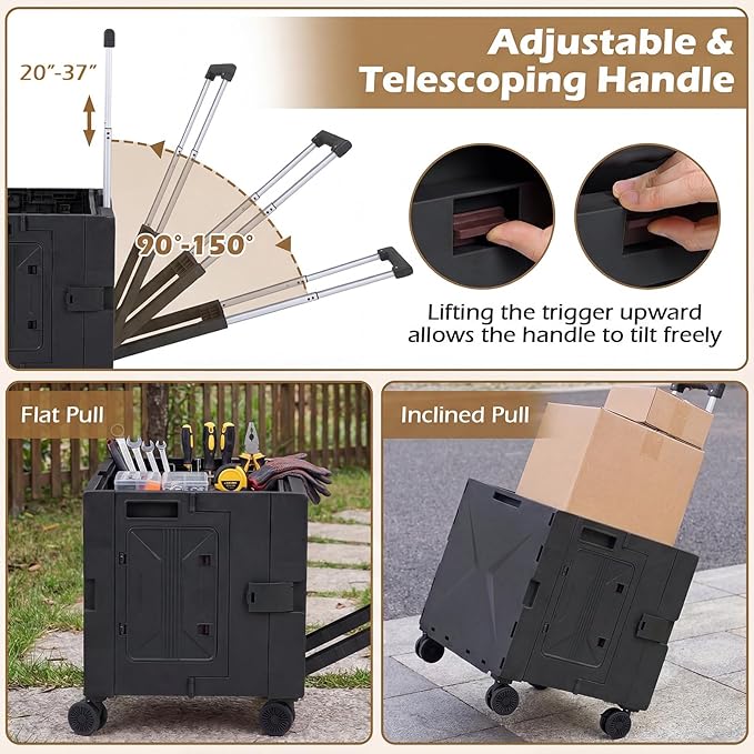 Goplus Foldable Utility Cart, Portable Rolling Crate Handcart with 4 Rotate Wheels, Telescoping Handle, Lid & Cup Holder for Travel, Shopping, Luggage, Grocery, Office & Teacher (Black)