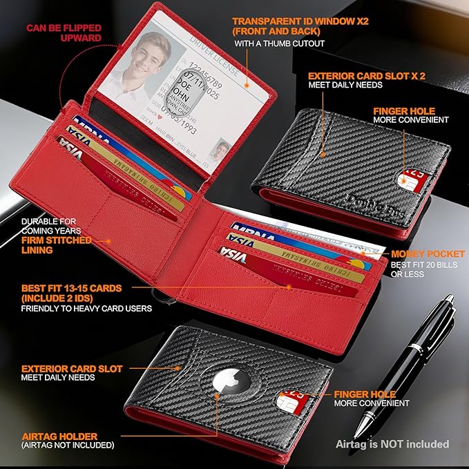 Wallet for Men Slim RFID Blocking Bifold Carbon Fiber,Minimalist Small Compact Front Pocket Credit Card Holder,Thin Mens Leather Wallets Smart Security With 2 ID windows 1 Cash (Black & Red)
