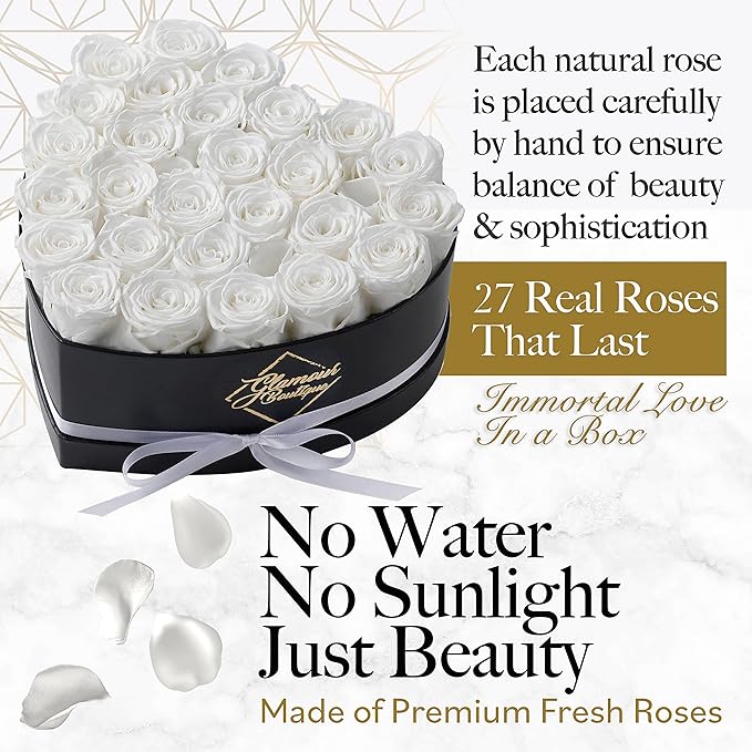 GLAMOUR BOUTIQUE 27 Flower Forever Heart Shape Box, for Mom, Eternal Preserved Roses Gift for Her, Long Lasting Flowers Bouquet, for Birthday, Anniversary and Girlfriend - White