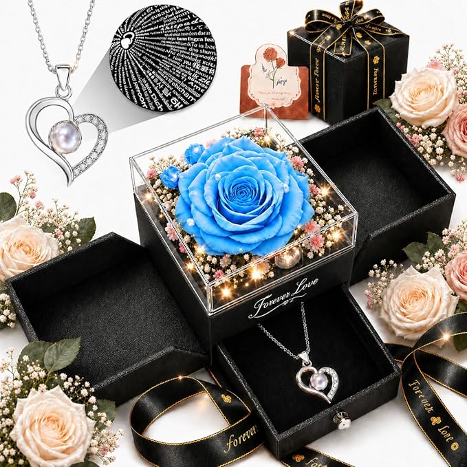 Forever Love Preserved Real Rose with Heart Necklace, Mothers Day Gifts for Mom, Wife, Anniversary Birthday Gifts for Women – Projects “I Love You” in 100 Languages