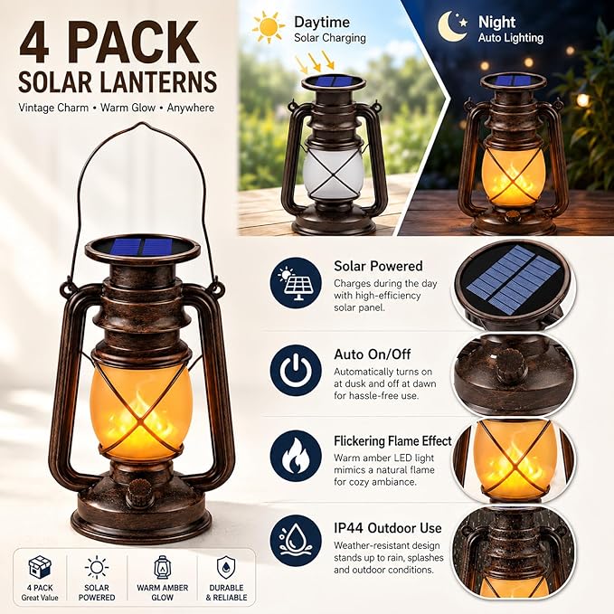 Solar Lanterns Outdoor 4 Pack, Flickering Flame LED Hanging Solar Lights with Handle, Vintage Bronze Solar Powered Lanterns for Patio Porch Garden Yard Pathway Table Camping Halloween Christmas Decor