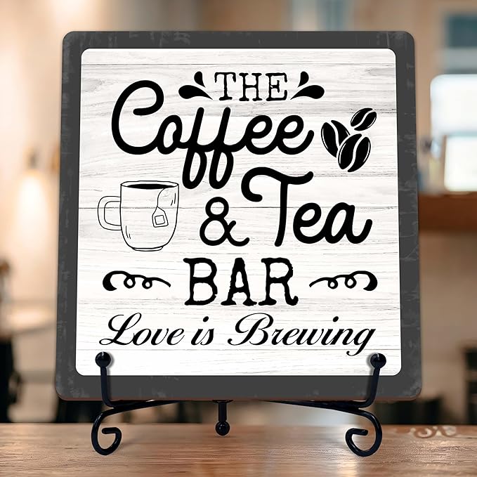 Coffee Bar Sign, Love is Brewing Farmhouse Tabletop Decor, Coffee and Tea Lover Gifts, 5x5 Wood Plaque with Iron Stand for Home Kitchen Cafe, Coffee Bar Decor – L08