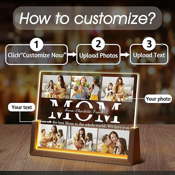Personalized Mom Gifts For Mothers Day From Daughter Son Husband, Custom Light Up Picture Frame Acrylic Plaque With Photo Name, Customized Birthday Christmas Gifts For Mom Grandma Wife Women