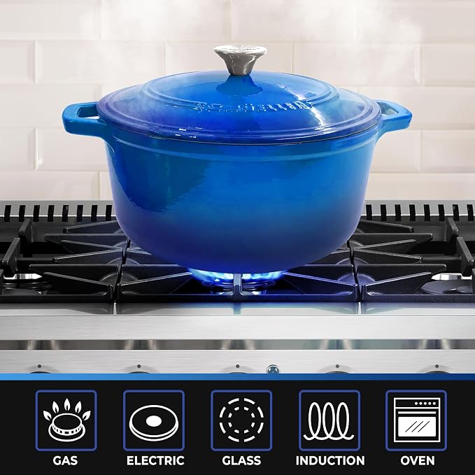 MUELLER HOME 7.5 QT Enameled Cast Iron Dutch Oven, Heavy-Duty Casserole Dish and Braiser Pan with Lid and Stainless Knob, Oven-Safe up to 500° F & Across All Cooktops, Aqua Blue | Heavy-Duty Casserole Dish and Braiser Pan, Lid with Stainless Knob, Oven...