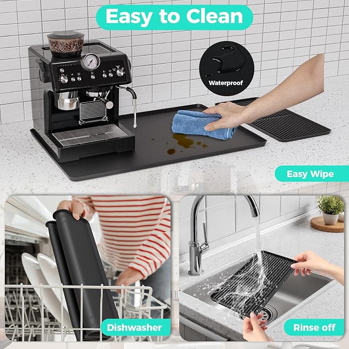 2-in-1 Coffee Mat & Dish Drying Mat Coffee Bar Mats for Countertop Coffees Matt for Counter Silicone Coffees Espresso Machine Station Mats Under coffe Maker Spill Matt Countertops Pot 24×16inch