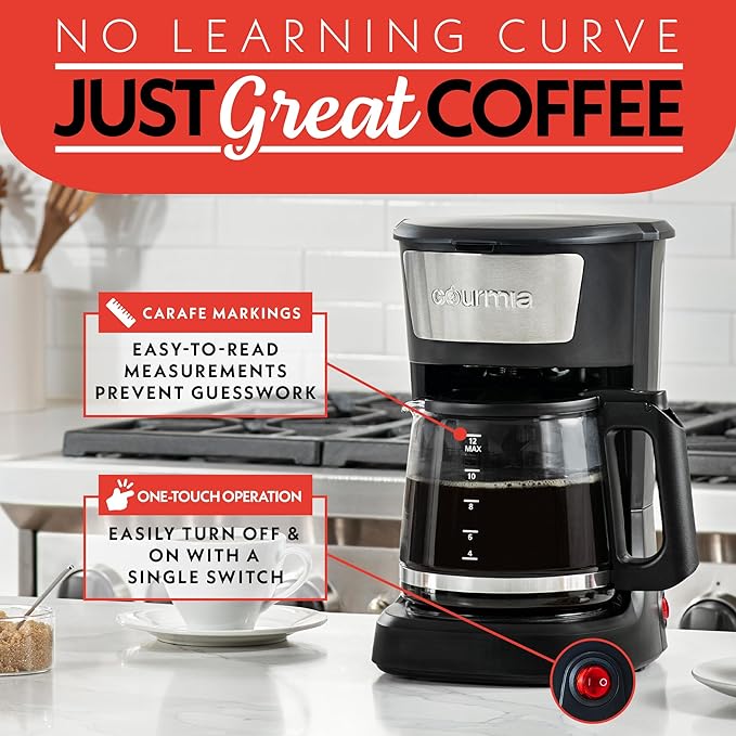 Gourmia 12 Cup One-Touch Coffee Maker – Pause and Serve with Automatic Keep Warm, Easy View Water Window, Compact Design, Stainless Steel Accents, Black