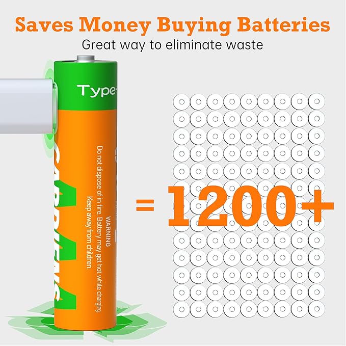 USB Rechargeable AAA Batteries 1200mWh Rechargeable AAA Batteries 1.5V Triple A Battery with 4-in-1 USB-C Charging Cable and LED Charge Indicator, 12-Pack