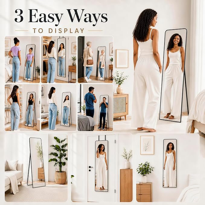 SCWF-GZ 57x20 Full Length Mirror Over The Door Hanging, Floor Stand/Wall Mounted Aluminum Alloy Frame Dressing Mirror for Bedroom Living Room 57 inch Black