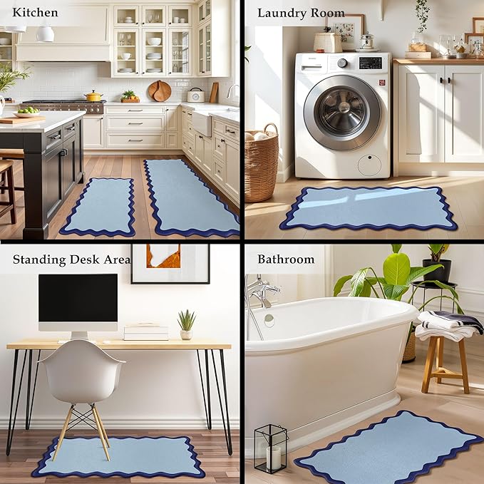 Arenarug Scalloped Navy Blue Kitchen Mats Rugs Sets of 2 Cushioned Anti Fatigue Floor Mat Waterproof Kitchen Rugs Non Slip Foam Comfort Standing Mat for Sink Laundry