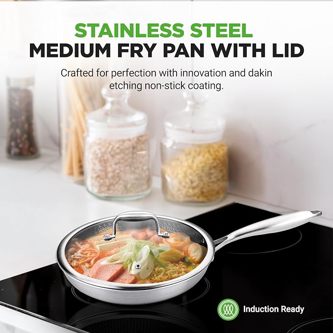 NutriChef 10” Non-Stick Stainless Steel Frying Pan with Lid, Triply Stainless Steel Cookware, Etched Non-Stick Coating, Oven & Induction Safe, Premium Stainless Steel Frying Pan, PFOA/PFOS Free