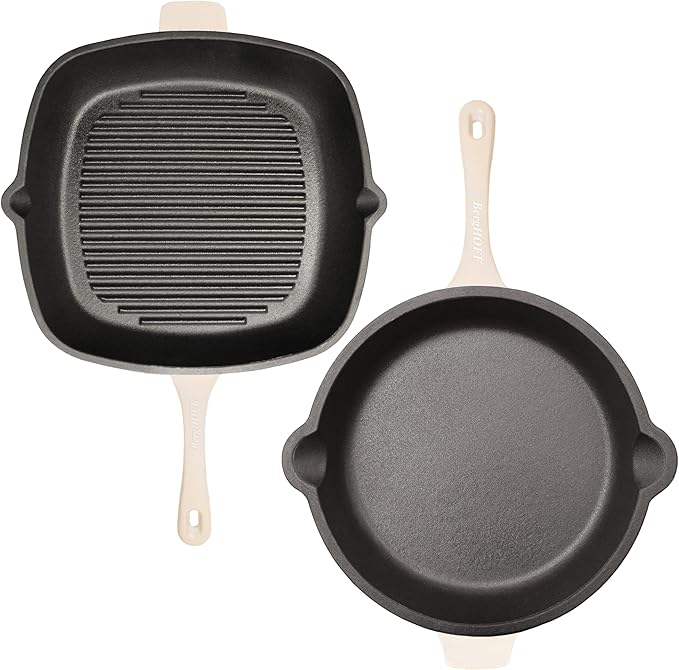 BergHOFF Neo 4Pc Enameled Cast Iron Cookware Set, Grill Pan 11 inches, Fry Pan 10 inches, 3qt. Dutch Oven, Matching Lid, Fast, Evenly Heat, Oven Safe (Meringue)