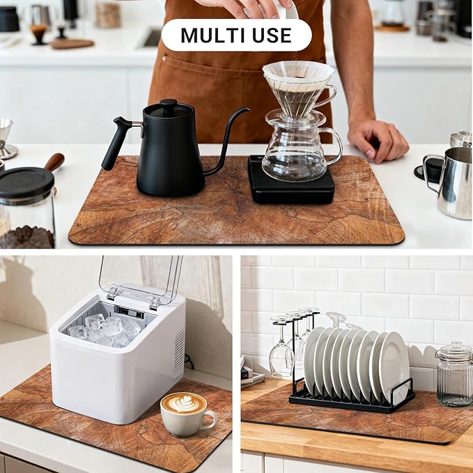 Coffee Mat 32x18 Inch, Wood Grain Coffee Counter Mat, Absorbent Hide Stain Rubber Backed Dish Drying Mat for Kitchen Counter, Bar Mats for Countertops, Under Coffee Maker Machine Pot Espresso Staion