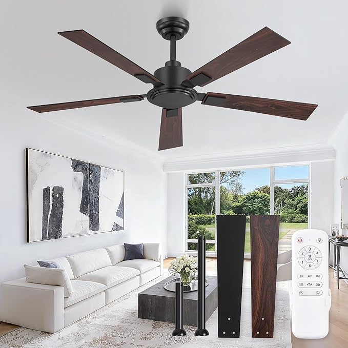 ZMISHIBO 52 Inch Ceiling Fan No Light with Remote Modern Black Ceiling Fan with Quiet Reversible DC Motor,6-Speeds 5 Blades, Indoor/Outdoor Ceiling Fans Without Light for Patios, Living Room, Garage