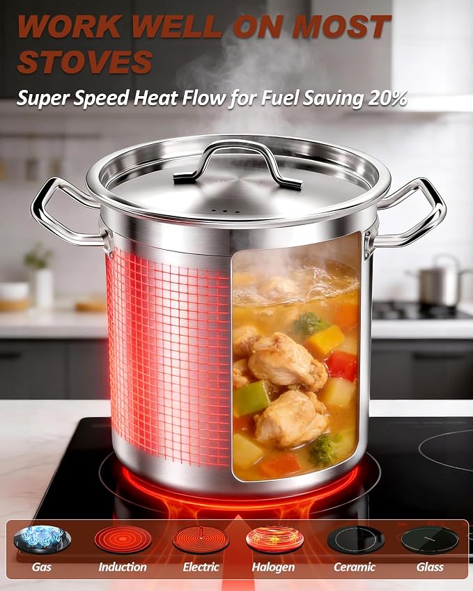 Large Stock Pot with Lid - 40 Quart Stainless Steel Cookware, 10 Gallon Heavy Duty Soup Pot, Big Pots for Cooking, Compatible Induction & Oven