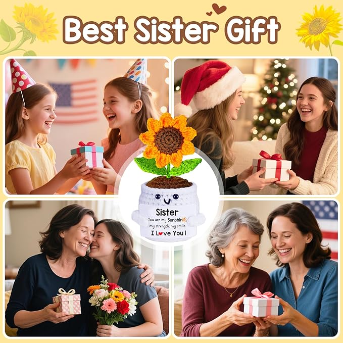 Qunland Gifts for Sister, Galentines Birthday Mothers Day Sister Gifts for Women from Sisters Brother, Handmade Emotional Crochet Cute Sunflower Doll Soul Gift for Sisters in Law BFF Bestie Presents