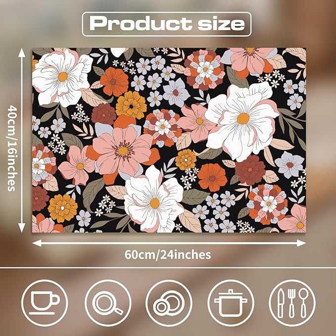 Retro Floral Dish Drying Mat Super Absorbent Coffee Mat, Fit Under Coffee Maker Espresso Machine (Abundant Blooms,Black)