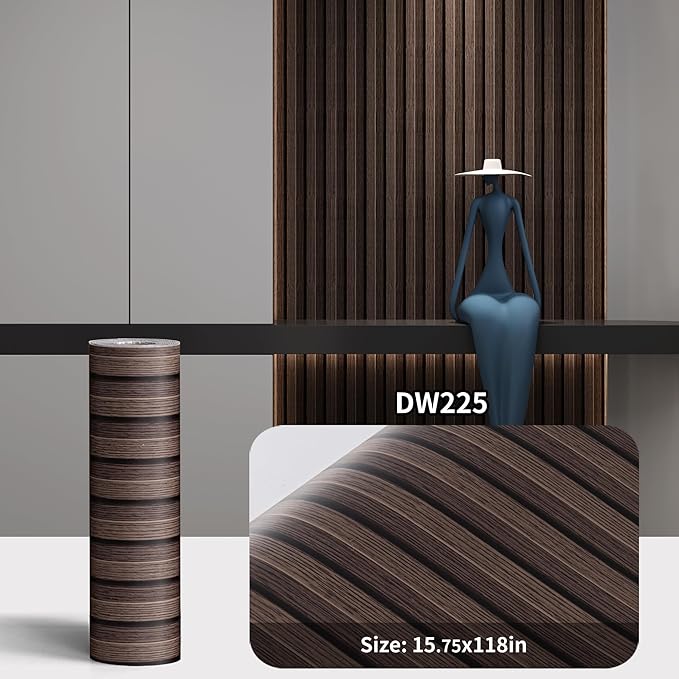 Haimin Wood Grain Slat Wall Panels Peel and Stick Faux Wood Thick Wallpaper 118"x15.75" Waterproof PET & IXPE Foam Paneling (Dark Brown)