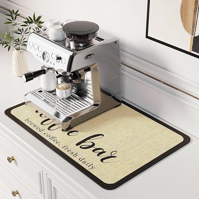DK177 Coffee Mat - Dish Drying Mat for Kitchen Counter, Hide Stain, Absorbent with Waterproof Rubber Backing, Fit Kitchen Dish Rack Bar Accessories (Coffee Bar, 24" x 16")
