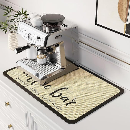 DK177 Coffee Mat - Dish Drying Mat for Kitchen Counter, Hide Stain, Absorbent with Waterproof Rubber Backing, Fit Kitchen Dish Rack Bar Accessories (Coffee Bar, 24" x 16")