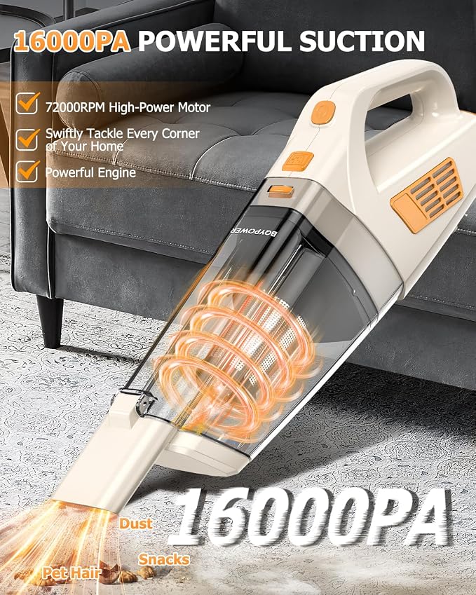 BQYPOWER 16000PA Handheld Vacuum Cleaner Cordless Rechargeable for Car Home | Powerful Strong Suction with Multiple Accessories, Portable Hand Held Car Vacuum Cleaner High Power for Detailing Cleaning