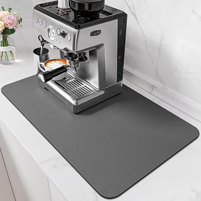 PoYang 24"x16" Coffee Mat Large, Coffee Bar Accessories for Countertop, Absorbent Dish Drying Mat, Anti-Slip and Hide Stain Pad for Espresso Machine, Espresso Maker and Kitchen Counter, Gray